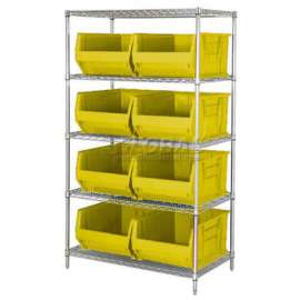 Quantum WR5-955 Chrome Wire Shelving With 8 24"D Bins Yellow, 42x24x74