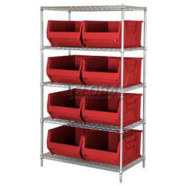 Quantum Storage Systems WR5-955 Chrome Wire Shelving With 8 24"D Bins Red, 42x24x74