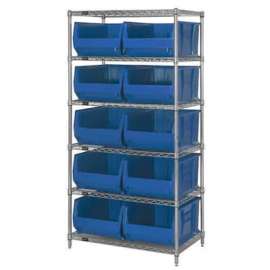 Quantum Storage Systems WR6-954 Chrome Wire Shelving With 10 24"D Bins Blue, 36x24x74