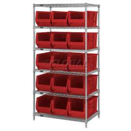 Quantum Storage Systems WR6-953 Chrome Wire Shelving With 15 24"D Bins Red, 36x24x74