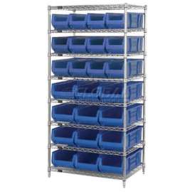Quantum WR8-950952 Chrome Wire Shelving With 24 24"D Bins Blue, 36x24x74