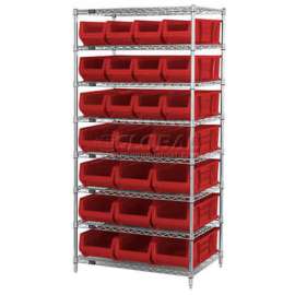 Quantum WR8-950952 Chrome Wire Shelving With 24 24"D Bins Red, 36x24x74
