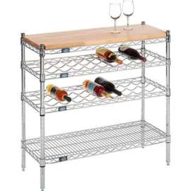 Nexel Chrome Wine Display Unit - Wood Top - 48"W x 14"D x 34"H - 4 Tier