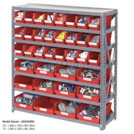 Steel Shelving with 48 4"H Plastic Shelf Bins Red, 36x18x39-7 Shelves