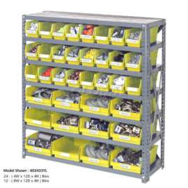 Steel Shelving with 48 4"H Plastic Shelf Bins Yellow, 36x18x39-7 Shelves