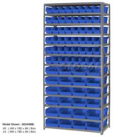 Steel Shelving with 48 4"H Plastic Shelf Bins Blue, 36x18x72-13 Shelves