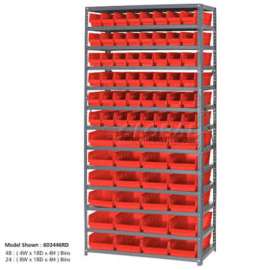Steel Shelving with 96 4"H Plastic Shelf Bins Red, 36x18x72-13 Shelves