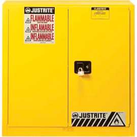 Justrite 40 Gallon 2 Door, Self-Close, Paint & Ink Cabinet, 43"W x 18"D x 44"H, Yellow