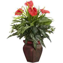 Nearly Natural Mixed Greens & Anthurium with Decorative Vase Silk Plant
