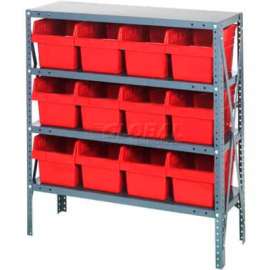 Quantum Storage Systems 1239-SB807 Steel Shelving with 12 8"H Plastic Shelf Bins Red, 36x12x39-SB4 Shelves