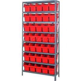 Quantum Storage Systems 1275-SB802 Steel Shelving with 35 8"H Plastic Shelf Bins Red, 36x12x75-SB8 Shelves