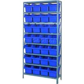 Quantum Storage Systems 1275-SB807 Steel Shelving with 28 8"H Plastic Shelf Bins Blue, 36x12x75-SB8 Shelves