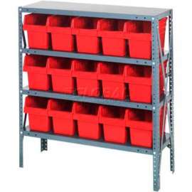 Quantum Storage Systems 1839-SB804 Steel Shelving with 15 8"H Plastic Shelf Bins Red, 36x18x39-SB4 Shelves