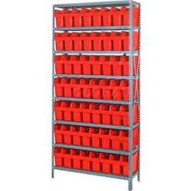Quantum 1875-SB803 Steel Shelving with 56 8"H Plastic Shelf Bins Red, 36x18x75-SB8 Shelves