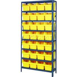 Quantum Storage Systems 1875-SB808 Steel Shelving with 28 8"H Plastic Shelf Bins Yellow, 36x18x75-SB8 Shelves