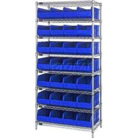 Quantum Storage Systems WR8-423 Chrome Wire Shelving with 28 SSB423 Stackable Shelf Bins Blue, 36x12x74