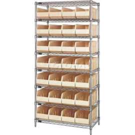 Quantum Storage Systems WR8-423 Chrome Wire Shelving with 28 SSB423 Stackable Shelf Bins Ivory, 36x12x74