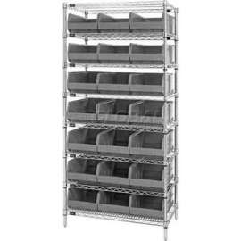 Quantum Storage Systems WR8-425 Chrome Wire Shelving with 21 SSB425 Stackable Shelf Bins Gray, 36x12x74