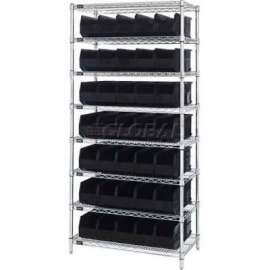 Quantum Storage Systems WR8-441 Chrome Wire Shelving with 35 SSB441 Stackable Shelf Bins Black, 36x14x74