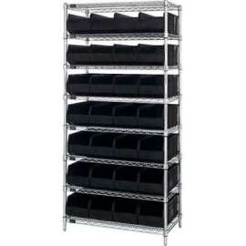 Quantum Storage Systems WR8-443 Chrome Wire Shelving with 28 SSB443 Stackable Shelf Bins Black, 36x14x74