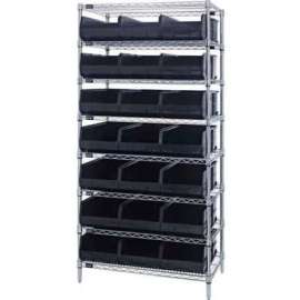 Quantum Storage Systems WR8-445 Chrome Wire Shelving with 21 SSB445 Stackable Shelf Bins Black, 36x14x74