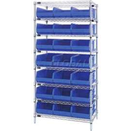 Quantum Storage Systems WR8-445 Chrome Wire Shelving with 21 SSB445 Stackable Shelf Bins Blue, 36x14x74