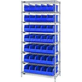 Quantum Storage Systems WR8-461 Chrome Wire Shelving with 35 SSB461 Stackable Shelf Bins Blue, 36x18x74