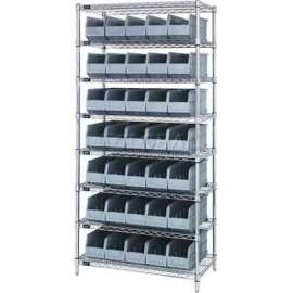 Quantum Storage Systems WR8-461 Chrome Wire Shelving with 35 SSB461 Stackable Shelf Bins Gray, 36x18x74