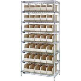 Quantum WR8-461 Chrome Wire Shelving with 35 SSB461 Stackable Shelf Bins Ivory, 36x18x74