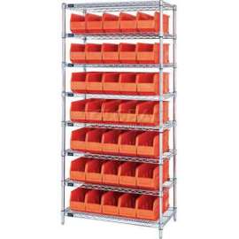 Quantum Storage Systems WR8-461 Chrome Wire Shelving with 35 SSB461 Stackable Shelf Bins Orange, 36x18x74