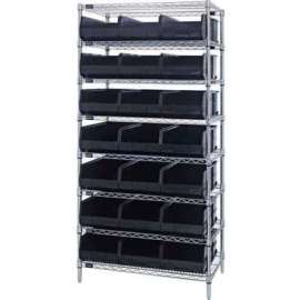 Quantum Storage Systems WR8-465 Chrome Wire Shelving with 21 SSB465 Stackable Shelf Bins Black, 36x18x74
