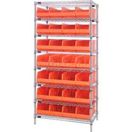 Quantum Storage Systems WR8-483 Chrome Wire Shelving with 28 SSB483 Stackable Shelf Bins Orange, 36x21x74
