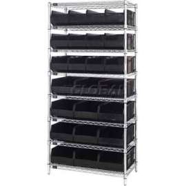 Quantum Storage Systems WR8-483485 Chrome Wire Shelving w/12 SSB483, 12 SSB485 Stackable Shelf Bins Black, 36x21x74