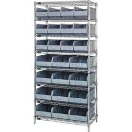 Quantum Storage Systems WR8-483485 Chrome Wire Shelving w/12 SSB483, 12 SSB485 Stackable Shelf Bins Gray, 36x21x74