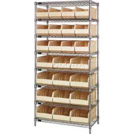 Quantum Storage Systems WR8-483485 Chrome Wire Shelving w/12 SSB483, 12 SSB485 Stackable Shelf Bins Ivory, 36x21x74