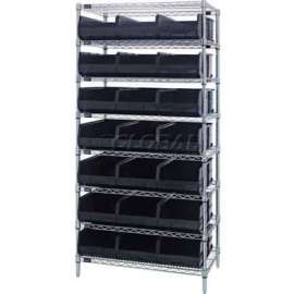 Quantum Storage Systems WR8-485 Chrome Wire Shelving with 21 SSB485 Stackable Shelf Bins Black, 36x21x74