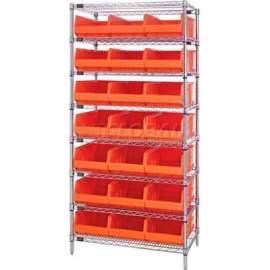 Quantum Storage Systems WR8-485 Chrome Wire Shelving with 21 SSB485 Stackable Shelf Bins Orange, 36x21x74