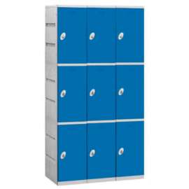 3-Tier 9 Door Plastic Locker, 12-3/4"W x 18"D x 24-5/16"H, Blue, Unassembled