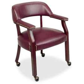 Lorell Traditional Captain Side Chair With Casters, 24"W x 25"D x 32-3/4"H, Burgundy Vinyl