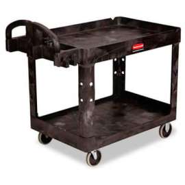 Rubbermaid Plastic Utility Cart w/2 Shelves, 500 lb. Capacity, 45"L x 26"W x 33"H, Black