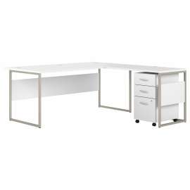 Bush Hybrid 72W x 36D L Shaped Table Desk with 3 Drawer Mobile File Cabinet, White/White