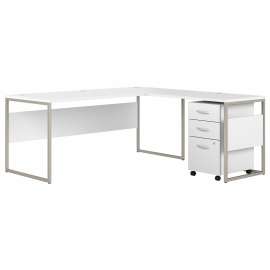 Bush Hybrid 72W x 30D L Shaped Table Desk with Mobile File Cabinet, White/White