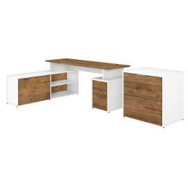 Bush Business Furniture Jamestown 72W L Shaped Desk with Drawers and Lateral File Cabinet, Fresh Walnut/White