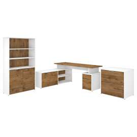 Bush Business Furniture Jamestown 72W L Shaped Desk with Lateral File Cabinet and 5 Shelf Bookcase, Fresh Walnut/White