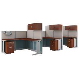 Bush Business Furniture Office in an Hour 3 Person L Shaped Cubicle Workstations, Hansen Cherry