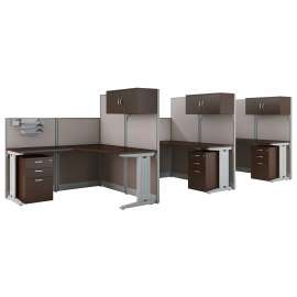 Bush Business Furniture Office in an Hour 3 Person L Shaped Cubicle Workstations, Mocha Cherry