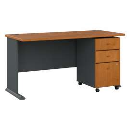 Bush Series A 60W Desk with Mobile File Cabinet, Natural Cherry/Slate