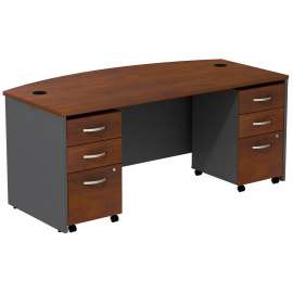 Bush Series C Bow Front Desk with (2) 3 Drawer Mobile Pedestals, Hansen Cherry