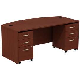 Bush Series C Bow Front Desk with (2) 3 Drawer Mobile Pedestals, Mahogany/Mahogany