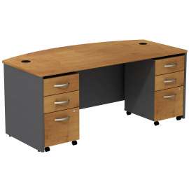 Bush Series C Bow Front Desk with (2) 3 Drawer Mobile Pedestals, Natural Cherry/Graphite Gray